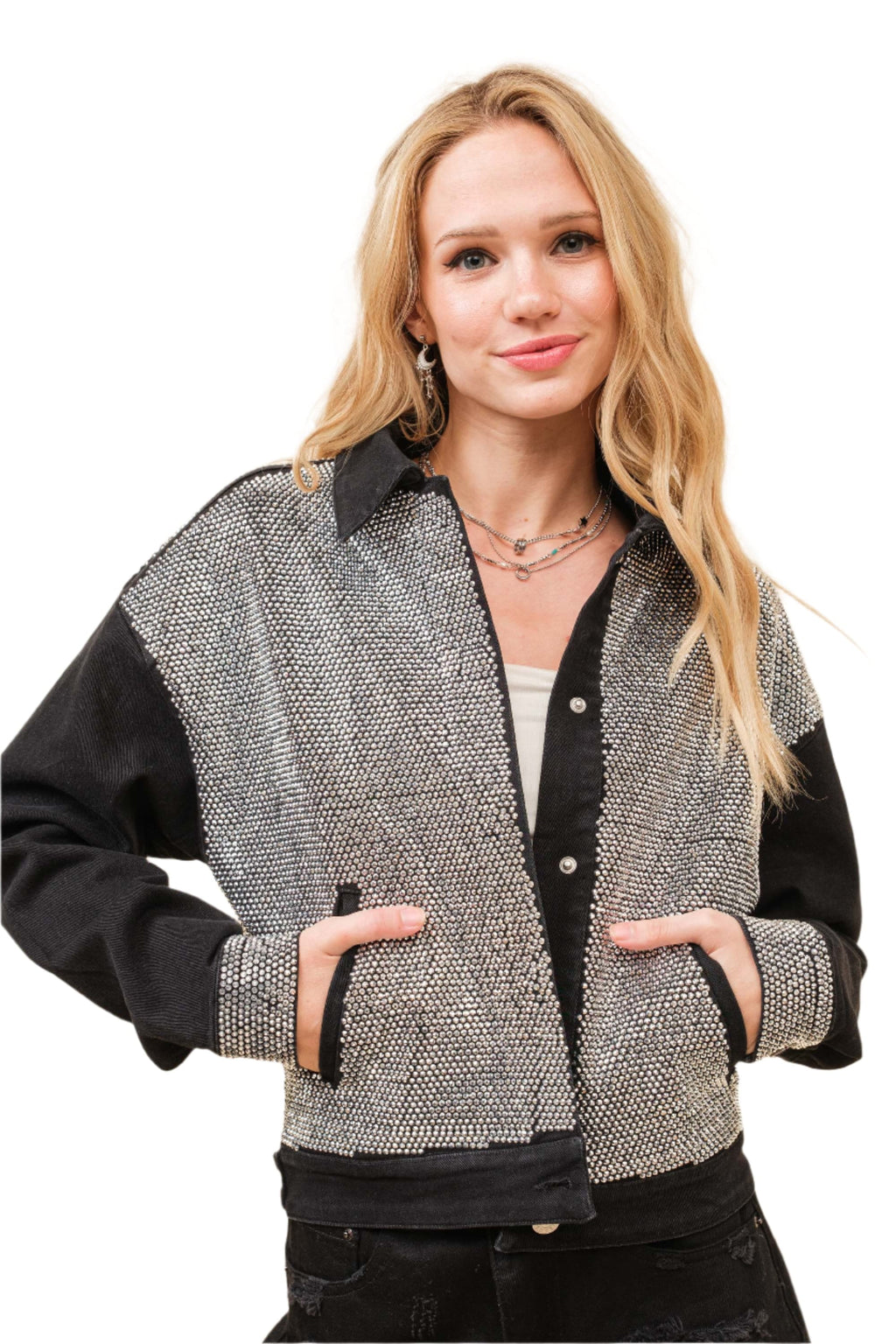 All Over Rhinestone Denim Jacket Clothing Blue B S / BLACK All Over Rhinestone Denim Jacket