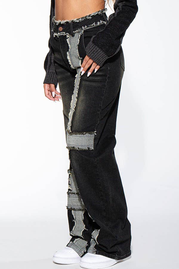 BLACK WASHED CONTRAST FRAYED HEM DENIM JEANS Rehab Lab BLACK WASHED CONTRAST FRAYED HEM DENIM JEANS