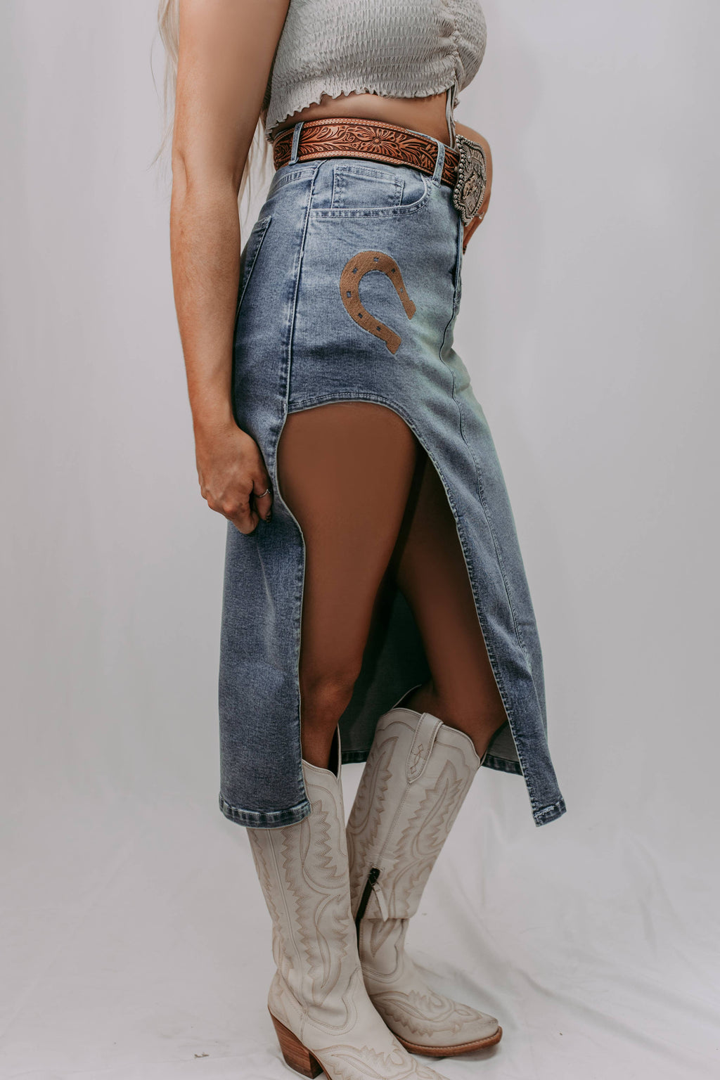 Concert Perfect Horse Shoe cut out Denim Skirt Bottoms Merigold Kiss Concert Perfect Horse Shoe cut out Denim Skirt