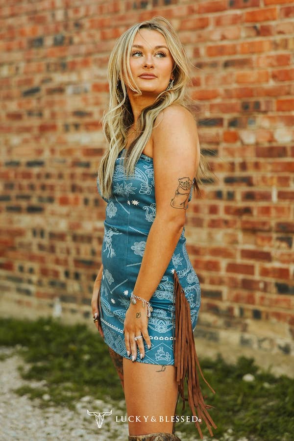 Denim Blue Paisley Printed Side Fringe Stretch Suede Dress LUCKY & BLESSED Denim Blue Paisley Printed Side Fringe Stretch Suede Dress