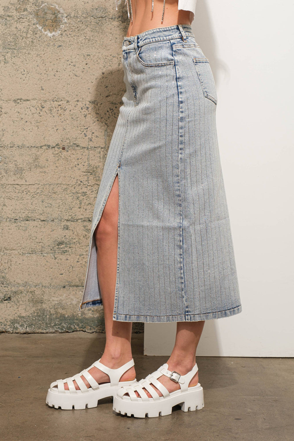 Rhinestone Studded Stripe Midi Denim Skirt Bottoms Blue B LIGHT WASH / S Rhinestone Studded Stripe Midi Denim Skirt