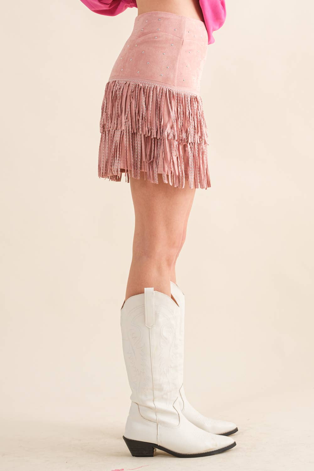 suede Star Silver Studded Tiered Fringe Mini Skirt Bottoms Blue B S / Pink suede Star Silver Studded Tiered Fringe Mini Skirt