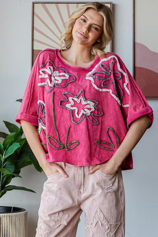WASHED FLOWER APPLIQUE SHORT SLEEVE KNIT TOP Clothing Oli&Hali WASHED FLOWER APPLIQUE SHORT SLEEVE KNIT TOP