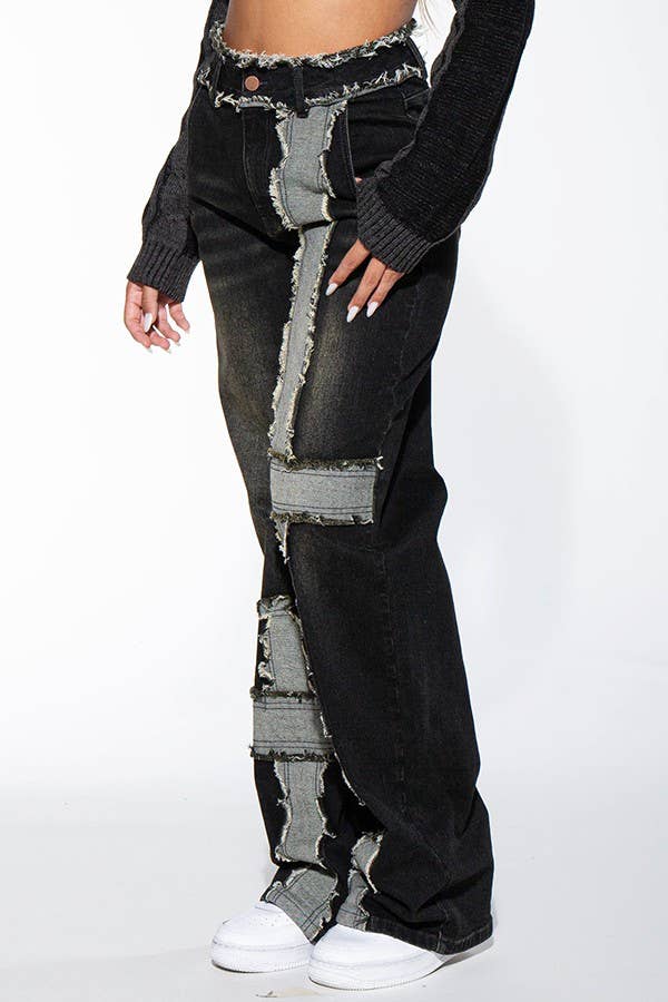 BLACK WASHED CONTRAST FRAYED HEM DENIM JEANS Rehab Lab BLACK WASHED CONTRAST FRAYED HEM DENIM JEANS