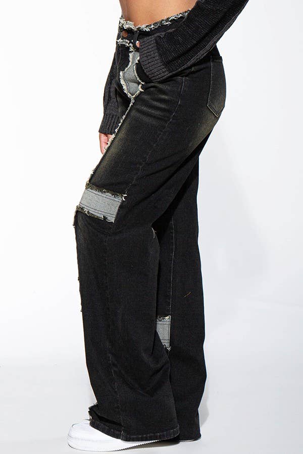 BLACK WASHED CONTRAST FRAYED HEM DENIM JEANS Rehab Lab BLACK WASHED CONTRAST FRAYED HEM DENIM JEANS