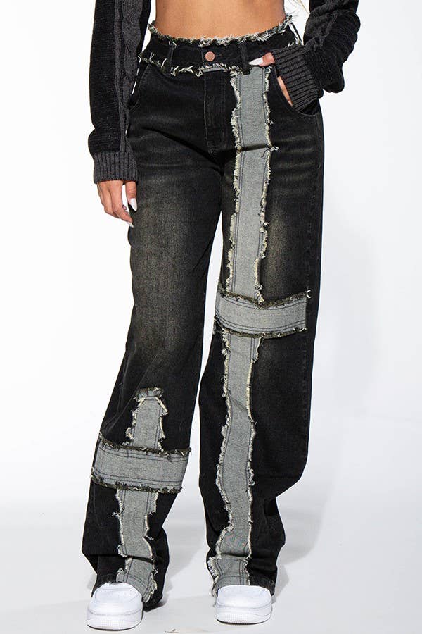 BLACK WASHED CONTRAST FRAYED HEM DENIM JEANS Rehab Lab BLACK WASHED CONTRAST FRAYED HEM DENIM JEANS