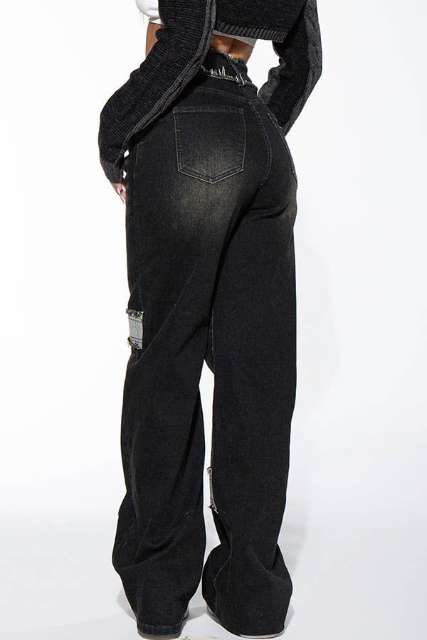 BLACK WASHED CONTRAST FRAYED HEM DENIM JEANS Rehab Lab BLACK WASHED CONTRAST FRAYED HEM DENIM JEANS