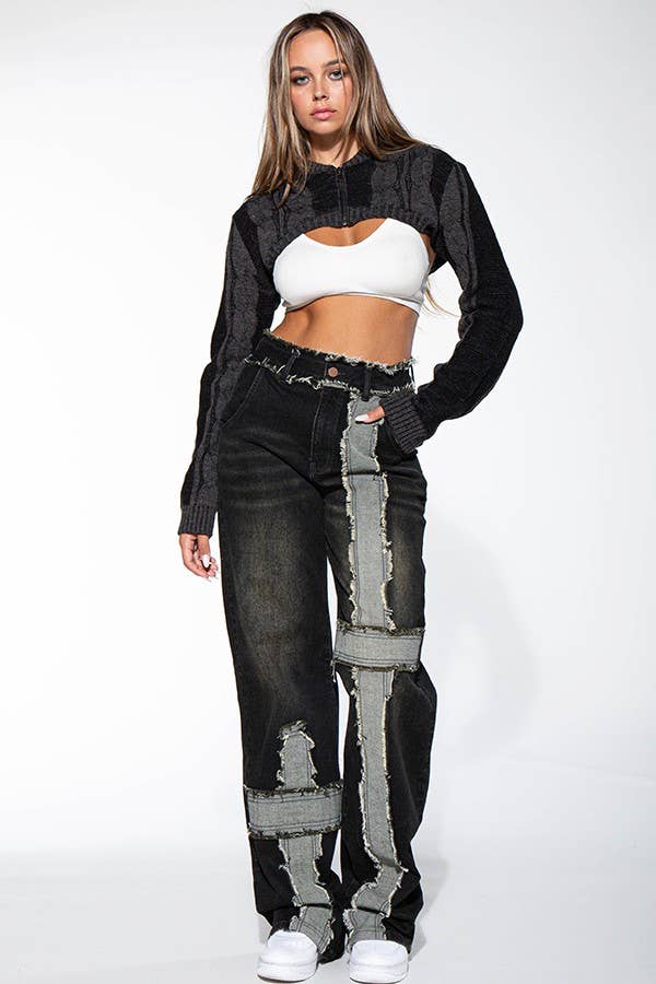 BLACK WASHED CONTRAST FRAYED HEM DENIM JEANS Rehab Lab BLACK WASHED CONTRAST FRAYED HEM DENIM JEANS