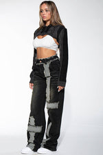 BLACK WASHED CONTRAST FRAYED HEM DENIM JEANS Rehab Lab BLACK WASHED CONTRAST FRAYED HEM DENIM JEANS