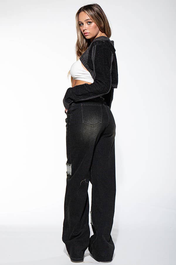 BLACK WASHED CONTRAST FRAYED HEM DENIM JEANS Rehab Lab BLACK WASHED CONTRAST FRAYED HEM DENIM JEANS
