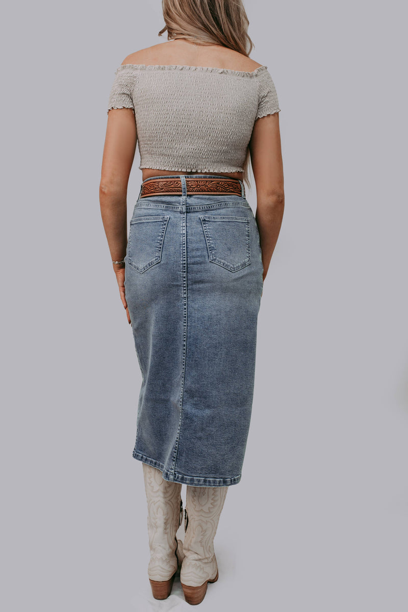 Concert Perfect Horse Shoe cut out Denim Skirt Bottoms Merigold Kiss Concert Perfect Horse Shoe cut out Denim Skirt