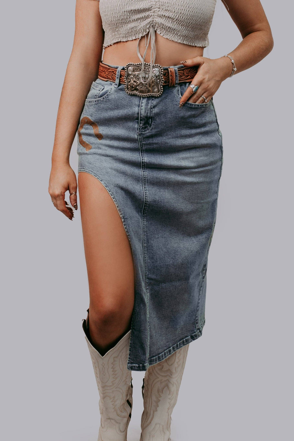 Concert Perfect Horse Shoe cut out Denim Skirt Bottoms Merigold Kiss Concert Perfect Horse Shoe cut out Denim Skirt
