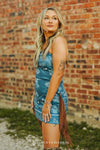 Denim Blue Paisley Printed Side Fringe Stretch Suede Dress LUCKY & BLESSED Denim Blue Paisley Printed Side Fringe Stretch Suede Dress