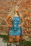 Denim Blue Paisley Printed Side Fringe Stretch Suede Dress LUCKY & BLESSED Denim Blue Paisley Printed Side Fringe Stretch Suede Dress