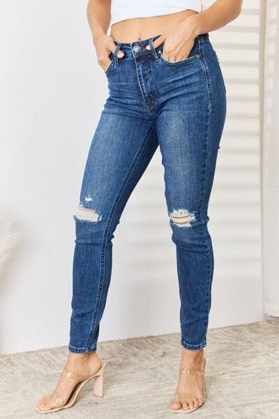 Judy Blue Full Size High Waist Distressed Slim Jeans Bottoms Trendsi Dark / 0