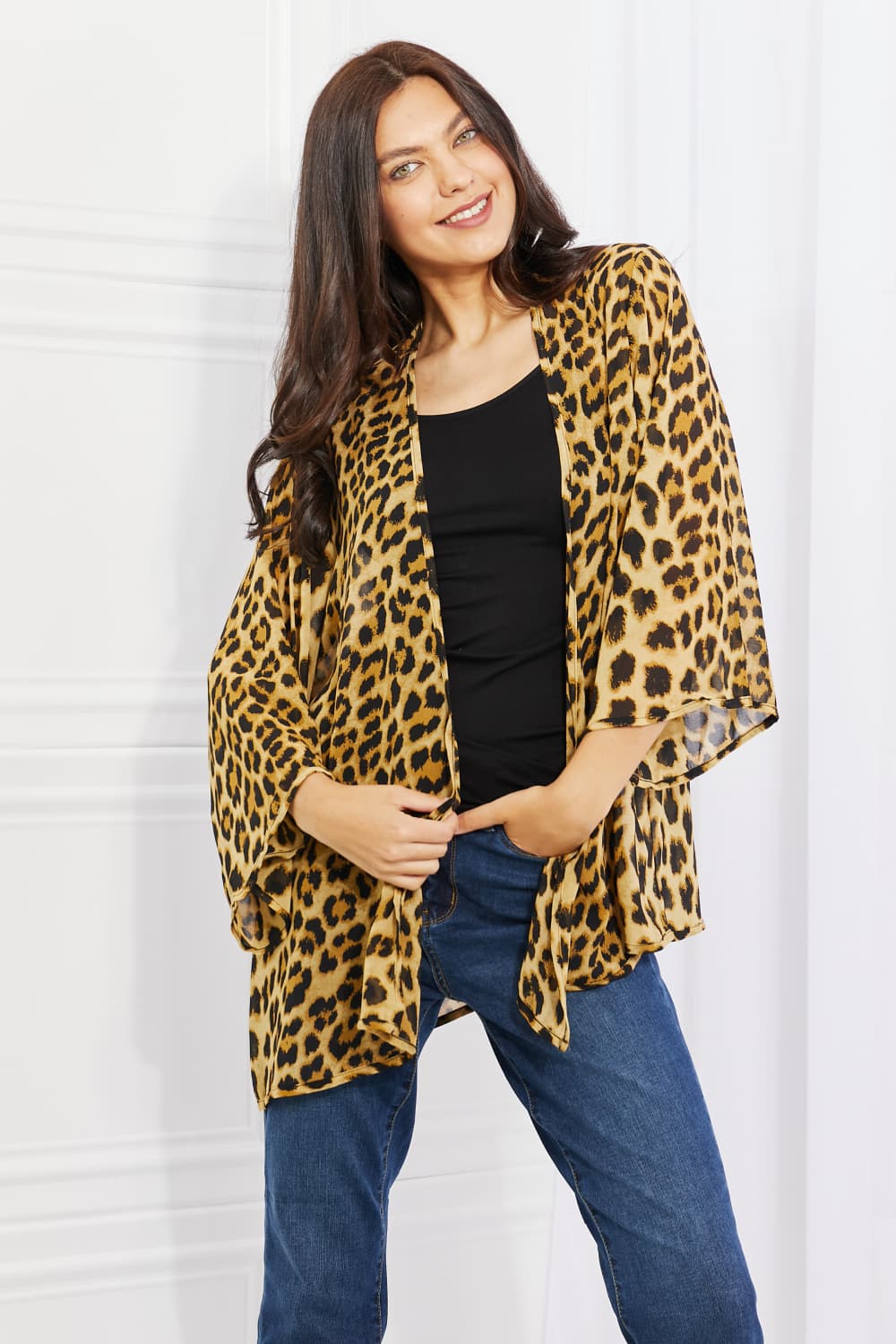 Melody Wild Muse Full Size Animal Print Kimono in Brown Jacket Trendsi Leopard / S/M