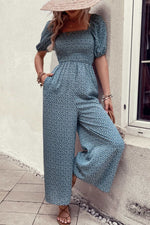 Printed Square Neck Jumpsuit with Pockets Dress Trendsi