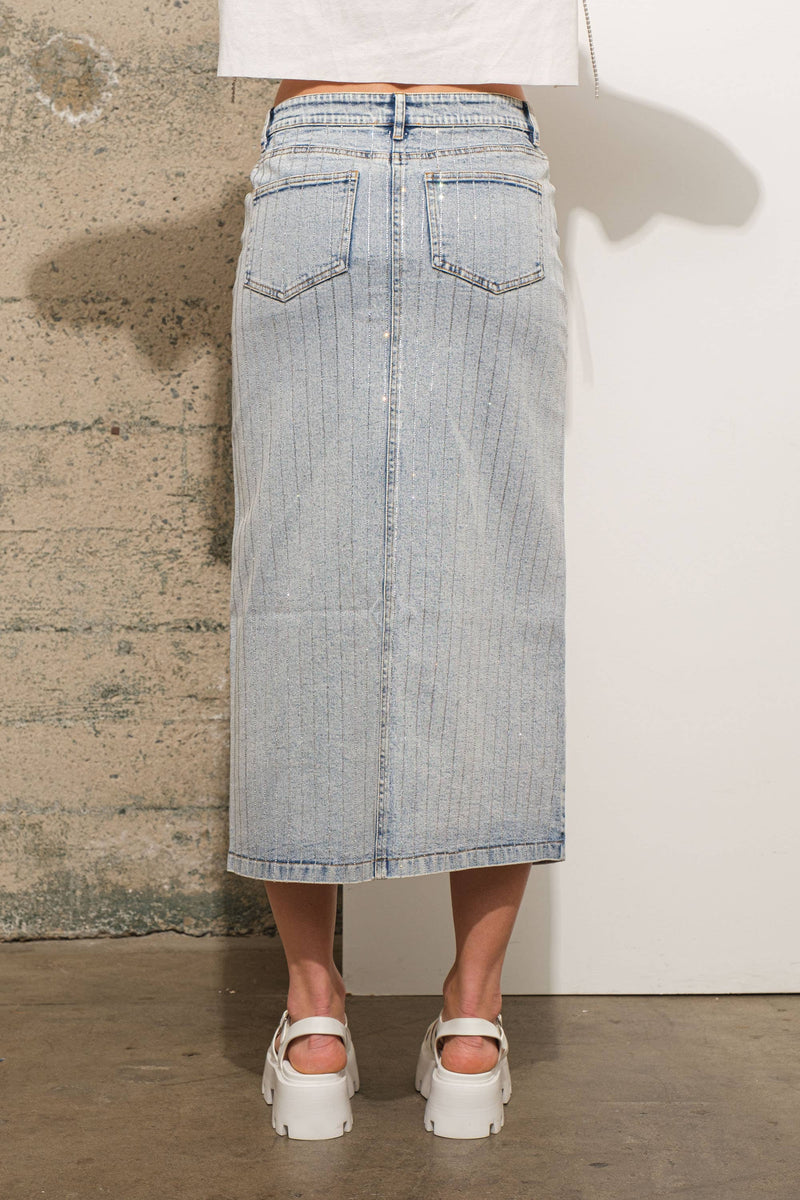 Rhinestone Studded Stripe Midi Denim Skirt Bottoms Blue B LIGHT WASH / L Rhinestone Studded Stripe Midi Denim Skirt