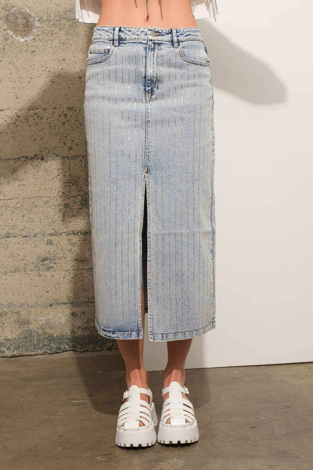 Rhinestone Studded Stripe Midi Denim Skirt Bottoms Blue B LIGHT WASH / S Rhinestone Studded Stripe Midi Denim Skirt