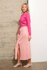 Rhinestone Studded Stripe Midi Denim Skirt Bottoms Blue B Rhinestone Studded Stripe Midi Denim Skirt