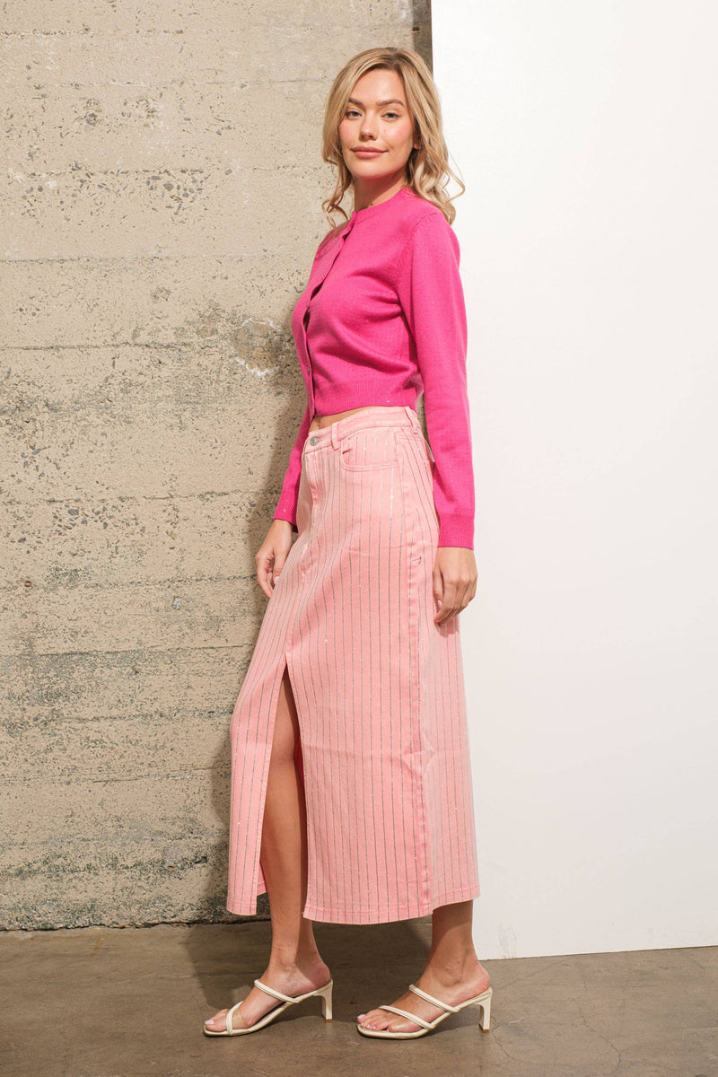 Rhinestone Studded Stripe Midi Denim Skirt Bottoms Blue B Rhinestone Studded Stripe Midi Denim Skirt