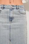 Rhinestone Studded Stripe Midi Denim Skirt Bottoms Blue B Rhinestone Studded Stripe Midi Denim Skirt