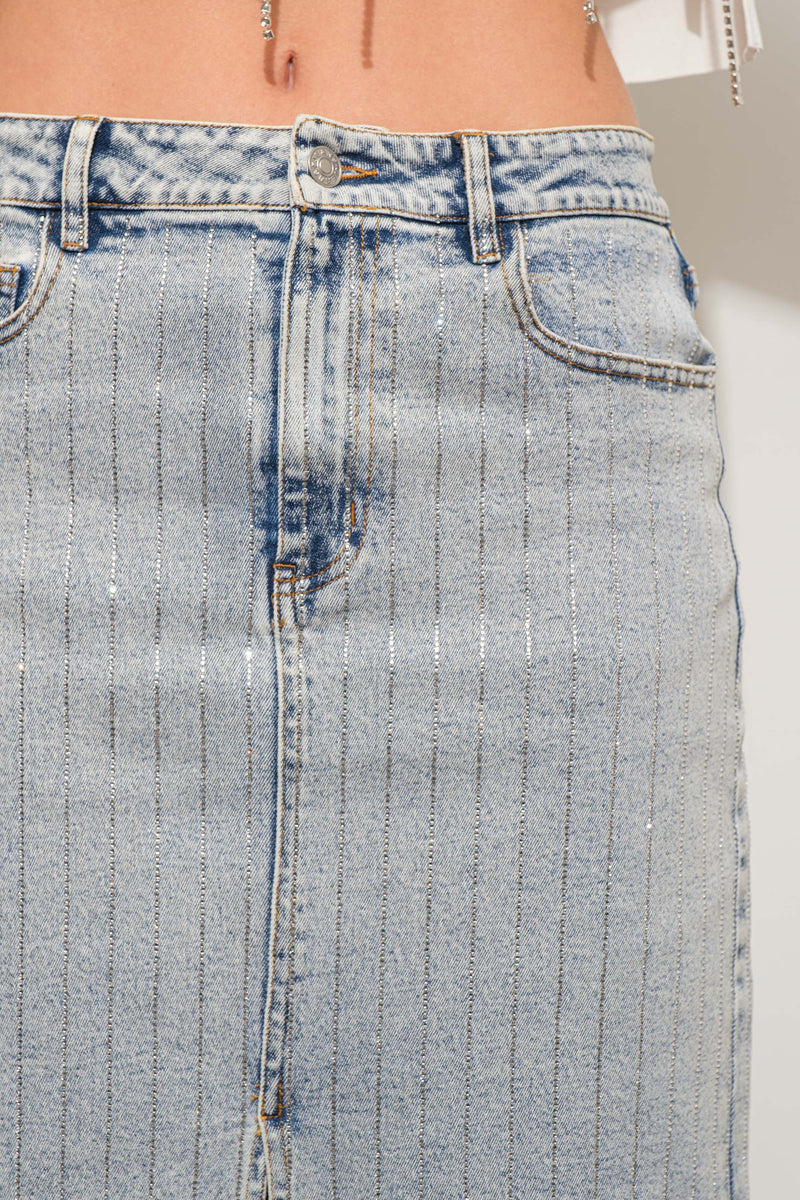 Rhinestone Studded Stripe Midi Denim Skirt Bottoms Blue B Rhinestone Studded Stripe Midi Denim Skirt