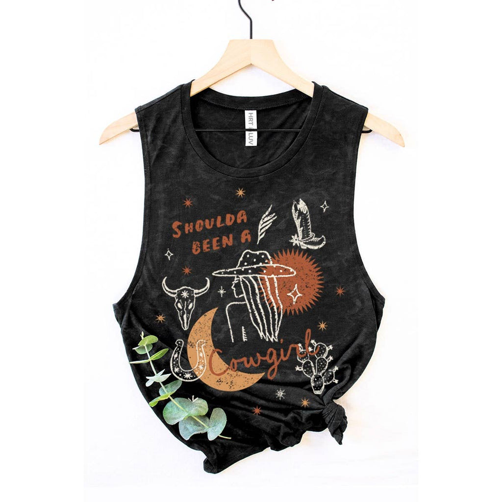 SHOULDA BEEN A COWGIRL GRAPHIC TANK TOP HRTandLUV Mineral Black / S SHOULDA BEEN A COWGIRL GRAPHIC TANK TOP