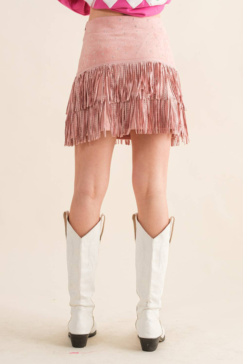 suede Star Silver Studded Tiered Fringe Mini Skirt Bottoms Blue B L / Pink suede Star Silver Studded Tiered Fringe Mini Skirt