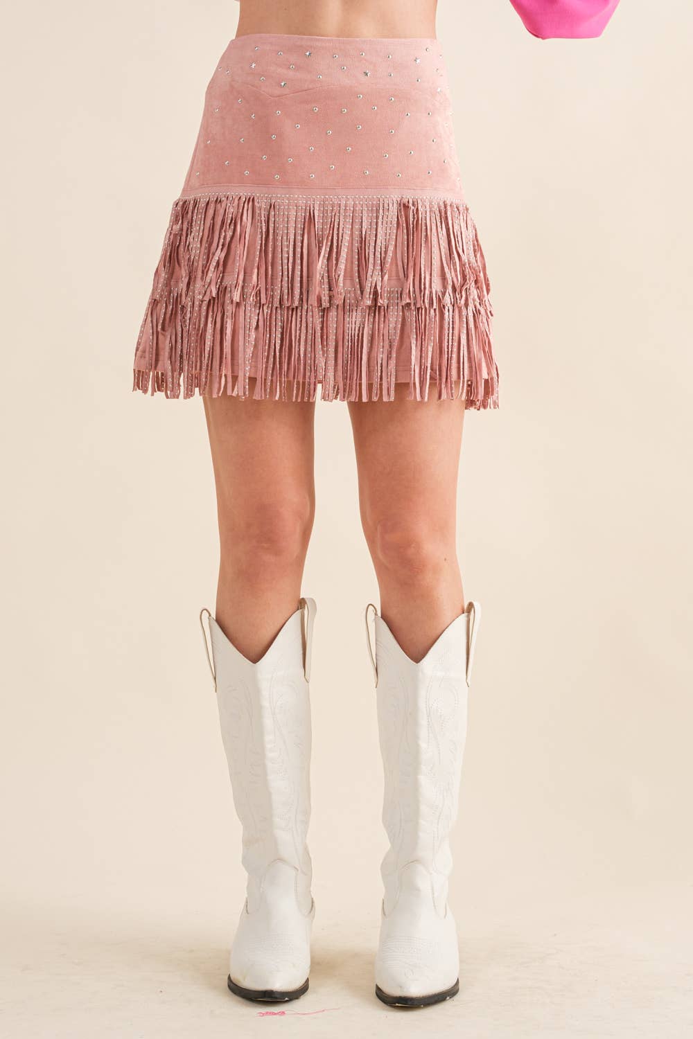 suede Star Silver Studded Tiered Fringe Mini Skirt Bottoms Blue B S / Pink suede Star Silver Studded Tiered Fringe Mini Skirt