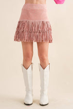 suede Star Silver Studded Tiered Fringe Mini Skirt Bottoms Blue B S / Pink suede Star Silver Studded Tiered Fringe Mini Skirt