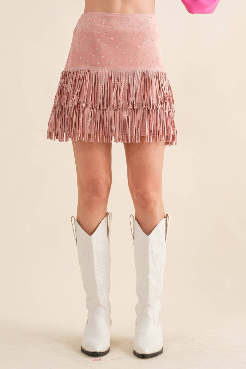 suede Star Silver Studded Tiered Fringe Mini Skirt Bottoms Blue B S / Pink suede Star Silver Studded Tiered Fringe Mini Skirt