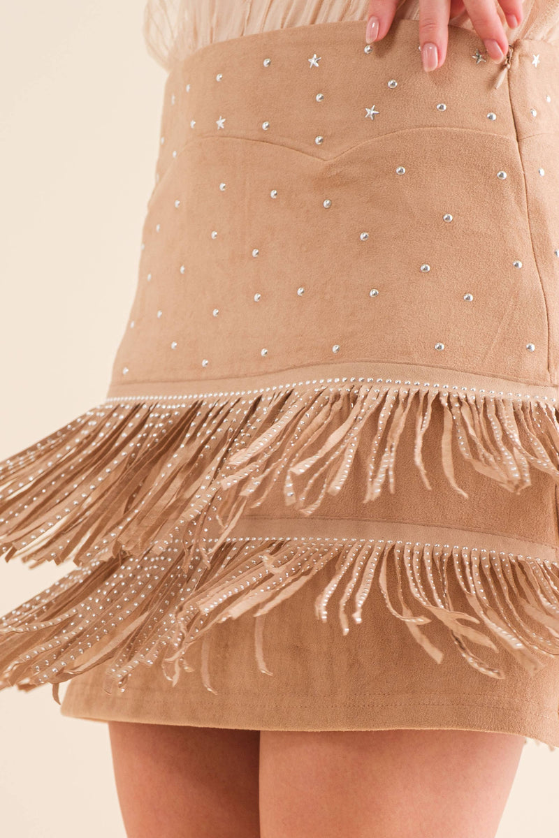suede Star Silver Studded Tiered Fringe Mini Skirt Bottoms Blue B suede Star Silver Studded Tiered Fringe Mini Skirt
