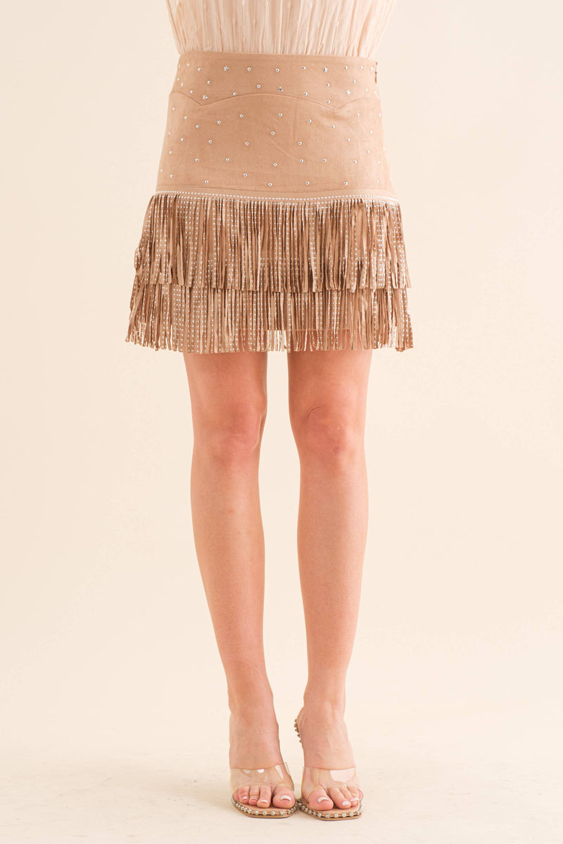 suede Star Silver Studded Tiered Fringe Mini Skirt Bottoms Blue B suede Star Silver Studded Tiered Fringe Mini Skirt