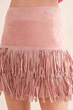 suede Star Silver Studded Tiered Fringe Mini Skirt Bottoms Blue B suede Star Silver Studded Tiered Fringe Mini Skirt
