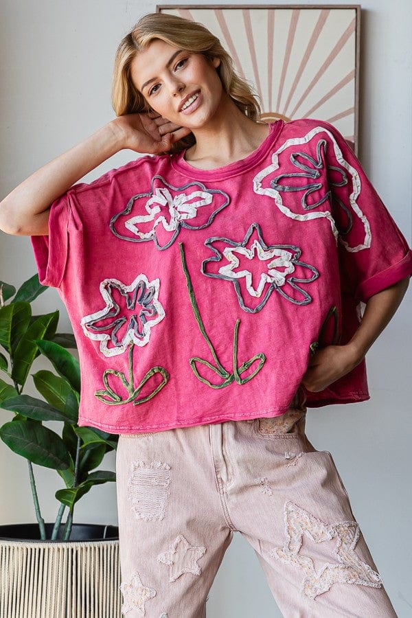 WASHED FLOWER APPLIQUE SHORT SLEEVE KNIT TOP Clothing Oli&Hali WASHED FLOWER APPLIQUE SHORT SLEEVE KNIT TOP