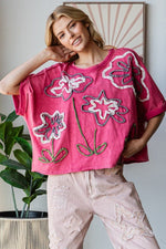 WASHED FLOWER APPLIQUE SHORT SLEEVE KNIT TOP Clothing Oli&Hali WASHED FLOWER APPLIQUE SHORT SLEEVE KNIT TOP