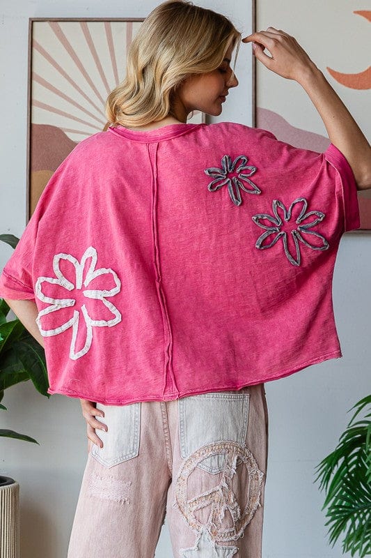 WASHED FLOWER APPLIQUE SHORT SLEEVE KNIT TOP Clothing Oli&Hali WASHED FLOWER APPLIQUE SHORT SLEEVE KNIT TOP